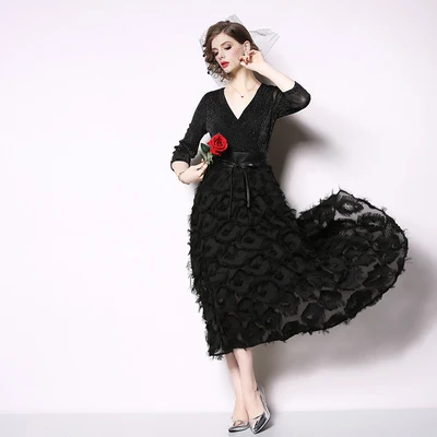 2019 New Summer Fashion Women Black Lurex Party Dress Vintage V-neck Tassel Long Mid-calf Runway | Женская одежда