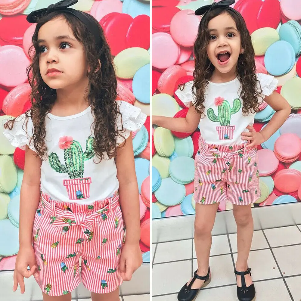 2019 Brand Infant Newborn Baby Girls Short Sleeve T-shirt Cactus Print + Striped Shorts Summer Beach Outfit Set | Детская одежда и