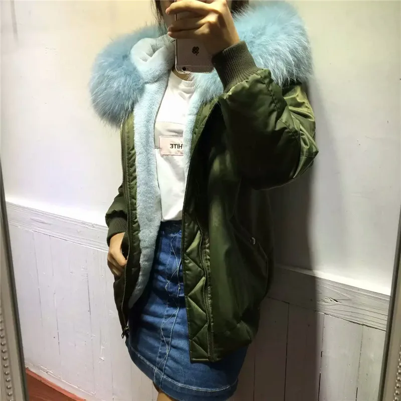 Новинка комфортное зимнее пальто с меховым капюшоном на молнии светло-голубой