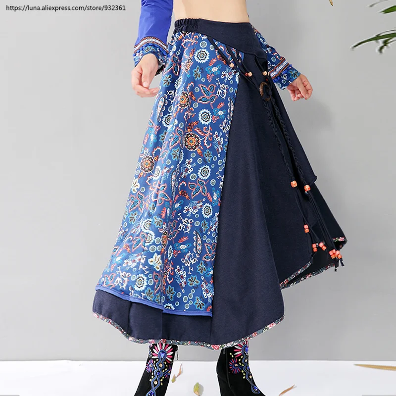 Ретро boho печатных Асимметричная для женщин Длинная юбка осень зима Высокая талия