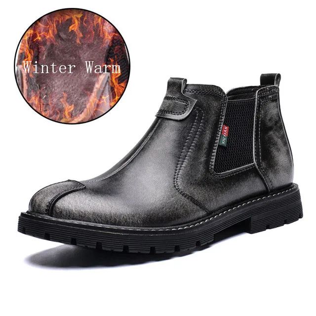 Gray Warm Boots Merkmak/сезон осень-зима; мужские теплые ботинки из натуральной кожи без шнуровки; повседневные ботильоны; Мужская Уличная обувь; обувь в байкерском стиле; мужская обувь на плоской подошве - Цвет: Gray Warm Boots