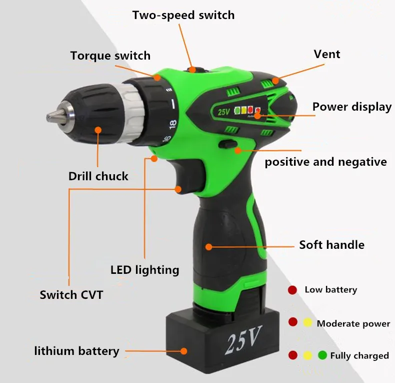 XLTOWN 25 v электрическая дрель с 2 батареями многофункциональная перезаряжаемая