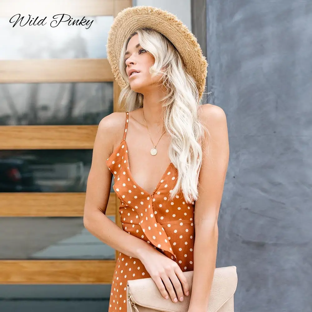 WildPinky Винтаж в горошек летнее платье с оборками пикантные длинное богемном стиле