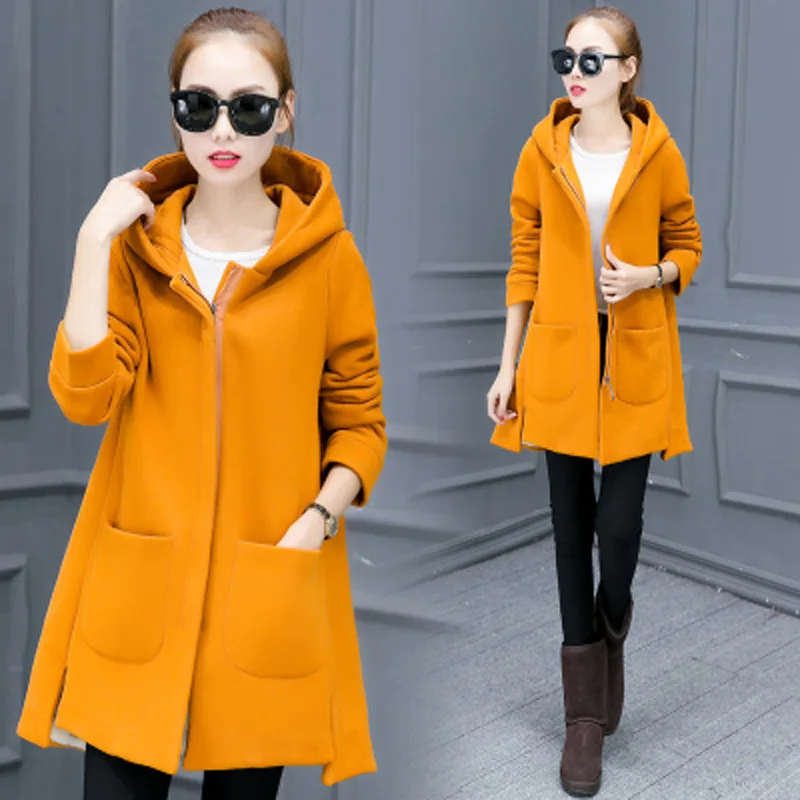 

Elegant Women Hooded Plus Size Windbreaker Yellow Red Pink 2018 New Winter Long Woolen Coat Robe Cardigan Velvet Warm Outerwear
