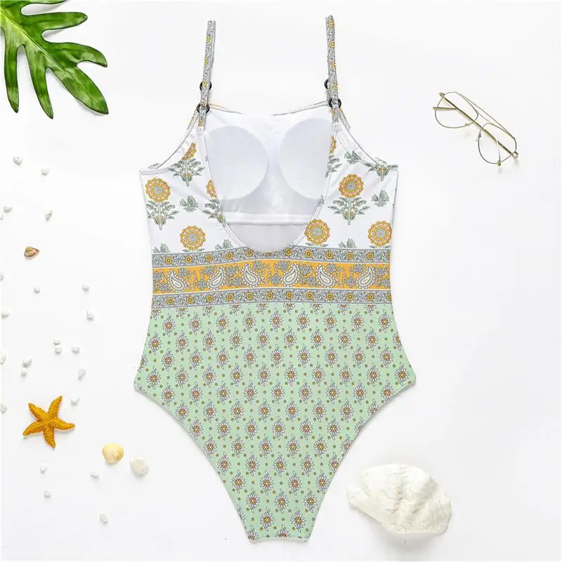 Bikinx Винтаж бикини с цветочным принтом mujer монокини с высоким вырезом push up Купальник Цельный купальный костюм ремень сексуальные купальники XL