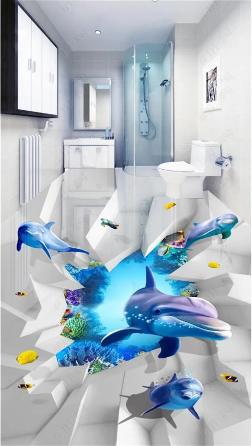 

Custom Any Size 3D Mural Wallpaper Sea World Dolphin Hole 3D Indoor Floor Decorating Mural Wallpaper