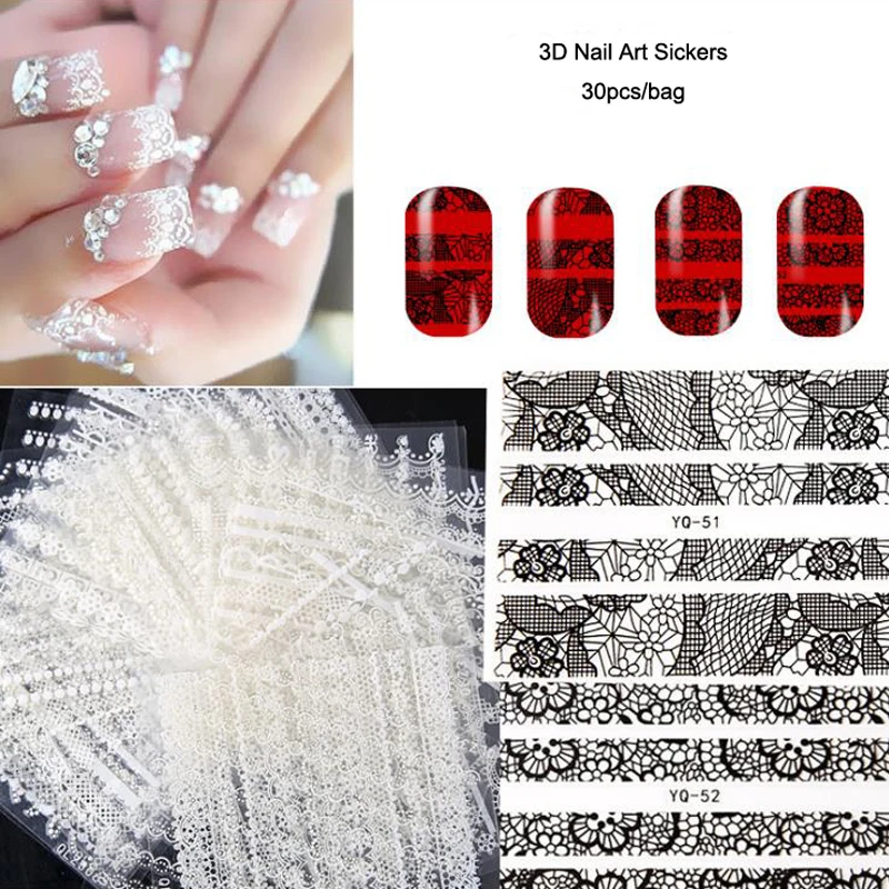 30 листов/партия белые и черные стикеры 3D на ногти Nail Art переводные наклейки из
