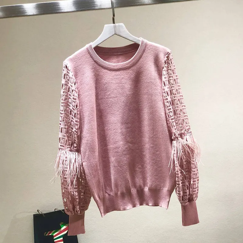 Фото Пуловер женский с кружевными рукавами бахромой на осень/зиму Женская одежда Пуловер женский с кружевными рукавами бахромой на осень/зиму Женская одежда