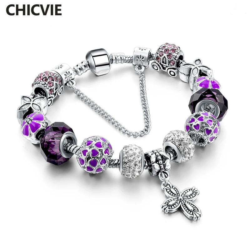 

CHICVIE Crystal Chain Link Purple Christian Jesus Bracelets & Bangles For Women Silver Charm Boho Jewelry Bracelet SBR160036