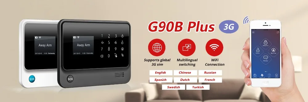 Золотой безопасности G90B плюс SIM GSM домашняя охранная сигнализация приложение дистанционное управление wifi GSM сигнализация Беспроводная EN RU ES FR TUR Voice