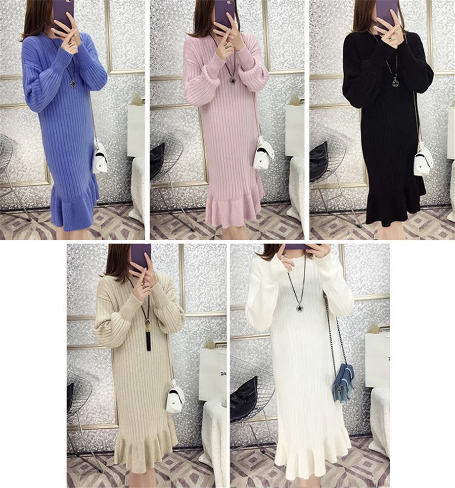 3XL размера плюс вязаное платье русалки для женщин осень зима круглый вырез длинный рукав свитер свободное платье Весна Повседневный пуловер Базовые платья