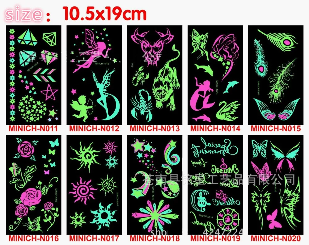 

2017 Pretty luminous Tattoos stickers Body Art glow 3 color metallic Tattoo temporary Flash tattoos glow in dark party tattoo
