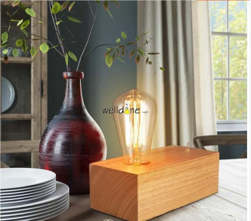 Античная медь простой E27 Эдисон лампы Деревянный Ретро Спальня ночной Светильник