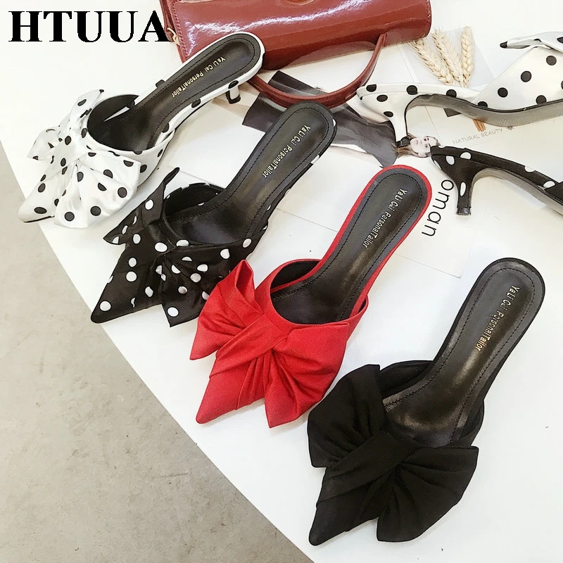 HTUUA/2019 г. летние модные туфли сабо с острым носком и бантом в горошек женские