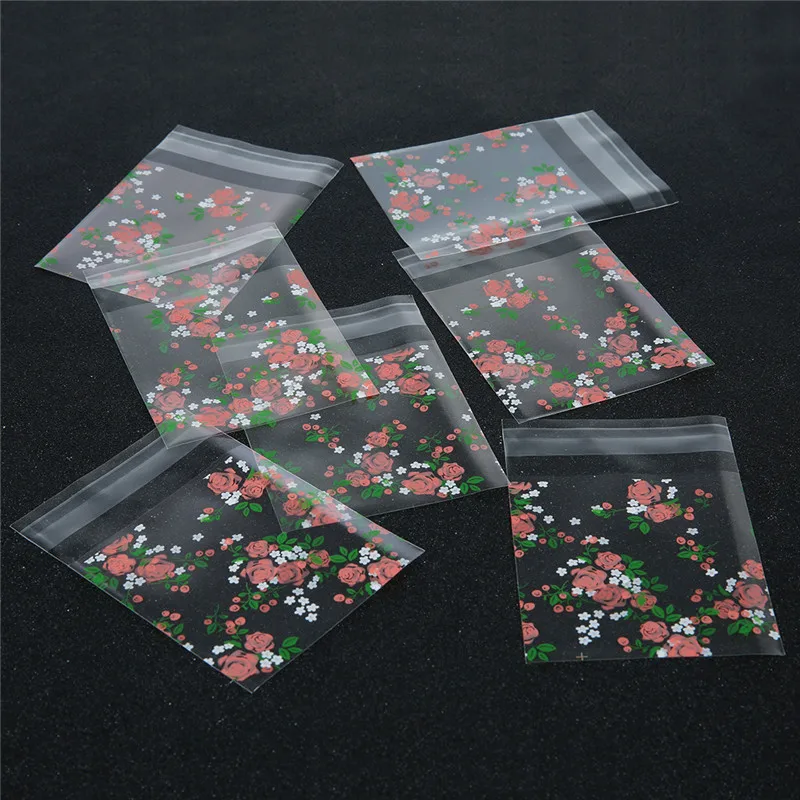 100pcs/lot Rose Flower Pattern Transparent Festive Gift Bags Cello Self-adhesive Cookie for Christmas Package | Украшения и