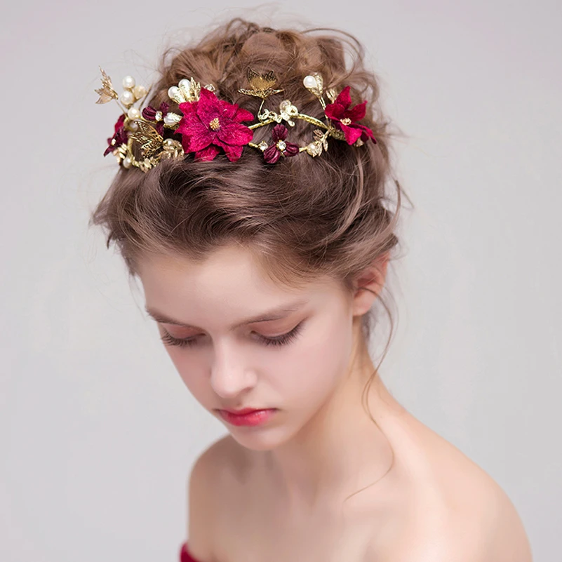 

Handmade Red Flower Bridal Hairstyles Leaves Butterfly Wedding Headband Hair Accessories Bride Pearl Headpiece Party