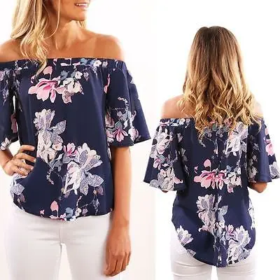 2017 Модные женские летние короткие рукава с открытыми плечами цветочные