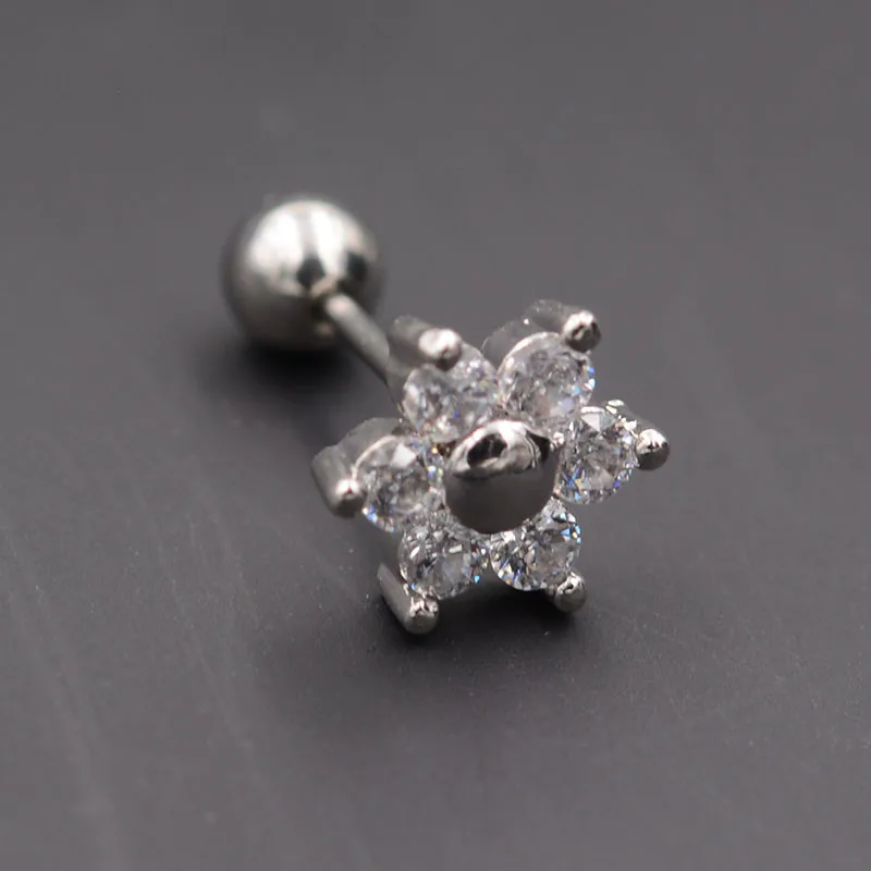 Silver 2 шт./лот, серьги-гвоздики с кристаллами и цветами, серьги-гвоздики для хряща, пирсинг на спирали, 16 датчиков, хирургические стальные серьги-гвоздики, кольца для губ, гвозди - Окраска металла: Silver