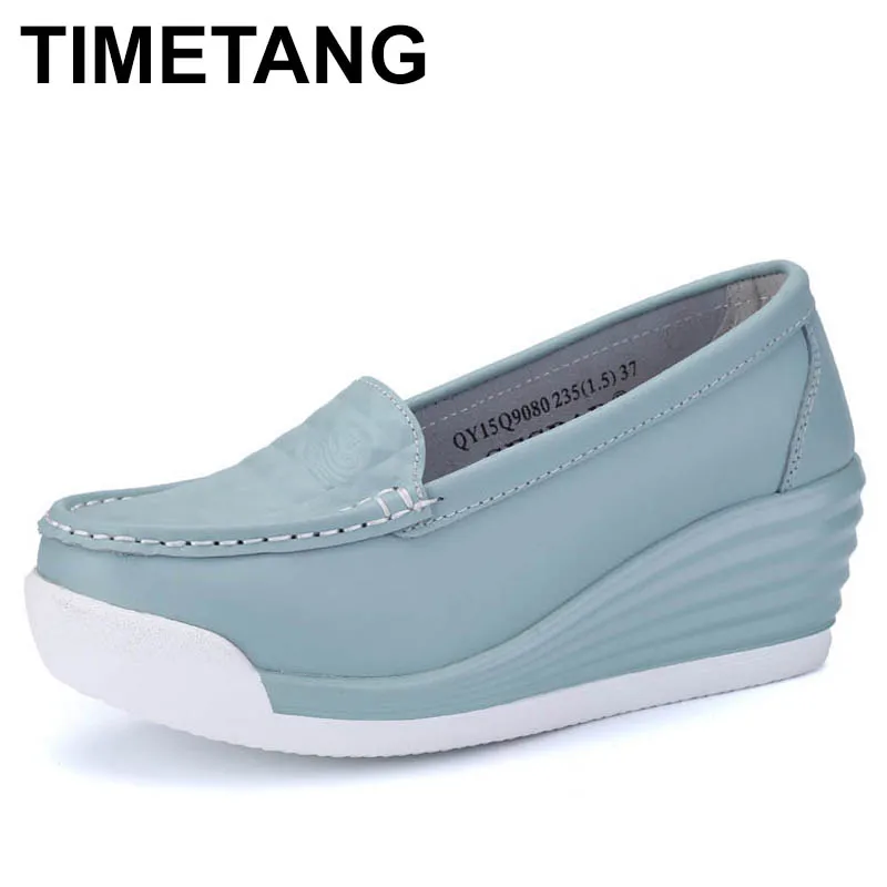 

TIMETANG Women Genuine Leather Platform Wedges Shoes Ladies Shallow Mouth Slip-on High Heels Wedge Shoes Fashion Leather Shoes