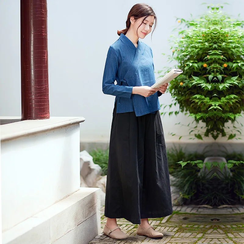 Китайское чайное платье Zen с длинным рукавом куртка перекрестным воротником