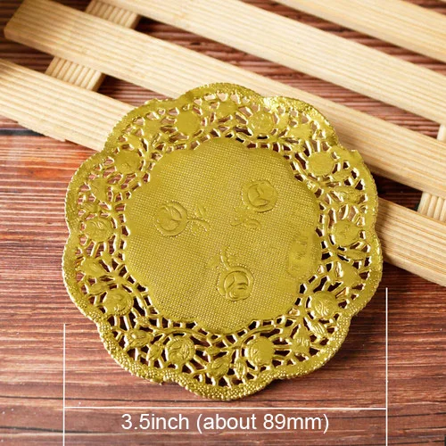 3.5inch Gold 3,5 дюймов круглые бумажные кружевные салфетки белый розовый золотой красный бумажный коврик для торта вечерние, свадебные, рождественские, декоративные салфетки для стола 100 шт - Цвет: 3.5inch Gold