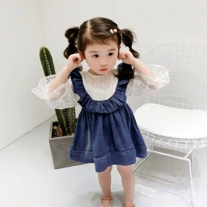 2019 Spring Autumn Long Sleeve Girls Princess Lace Dress Ruffles Baby Toddler Kids Dresses for Girl Child Denim Clothes JW4434 | Детская