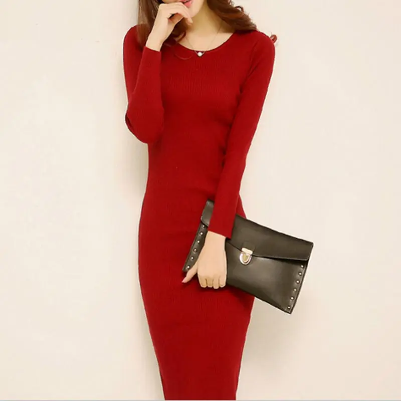 Женское трикотажное платье свитер облегающие пуловеры с круглым вырезом и