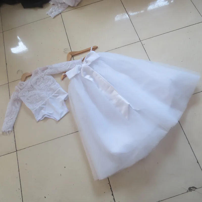 С длинным Рукавом Девушки Цветка Тюль Платья 2 из двух Частей платье де noiva Pageant