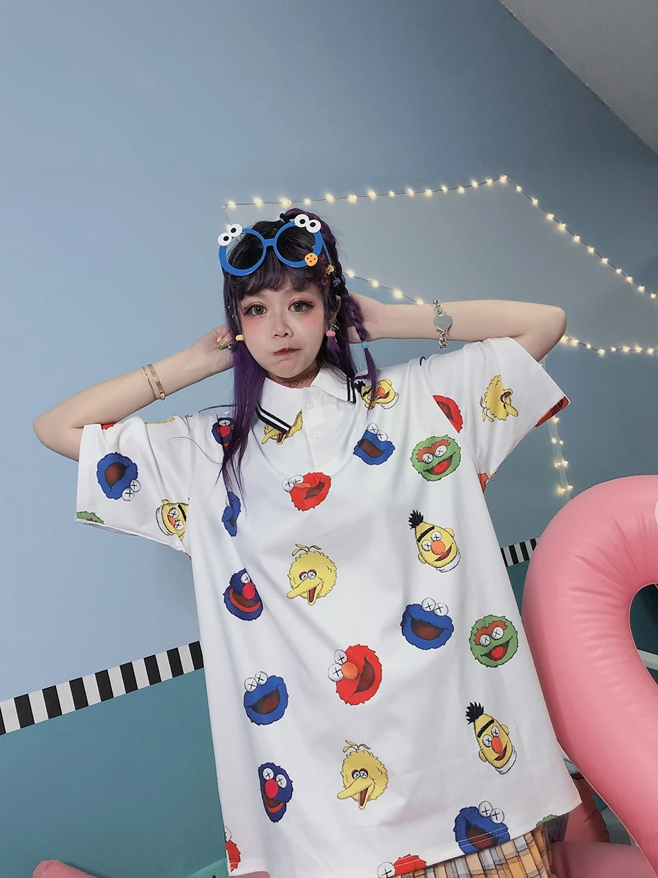 Harajuku милый мультфильм Поло печатных студенческий девушка издание|Футболки-поло|