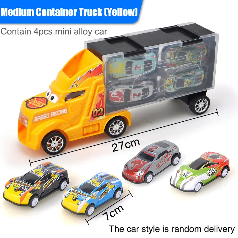 Yellow truck 4 cars 1/24 масштабный контейнер для хранения, грузовик, пластиковые транспортные средства, игрушки с литой под давлением мини-автомобиль, горячие Литые Автомобильные колеса, волшебные треки, машины для детей - Цвет: Yellow truck 4 cars