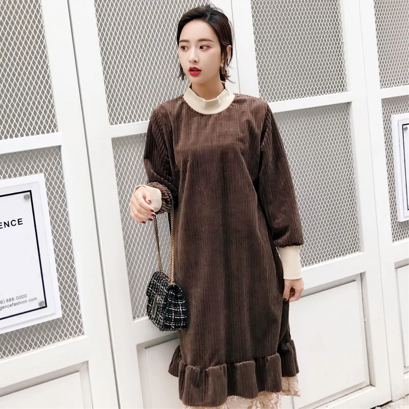 P Ammy Autumn Winter Velvet Thick Hem Stitching Jumper Dress Oversized Solid Color Long Sleeve Tunic Pullover | Женская одежда