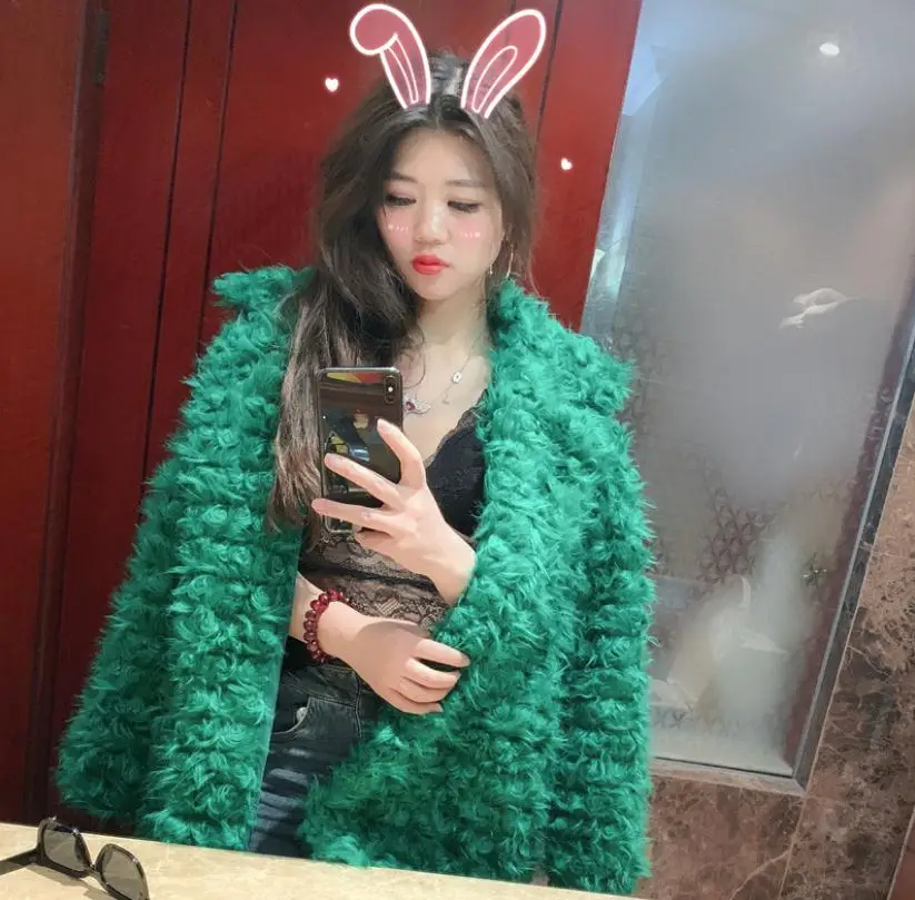 2019 Womens Autumn And Winter Green Lapel Collar Fake Fur Outwears S/Xl Female Sexy Warm Man-Made Coats Faux Jackets K1111 | Женская