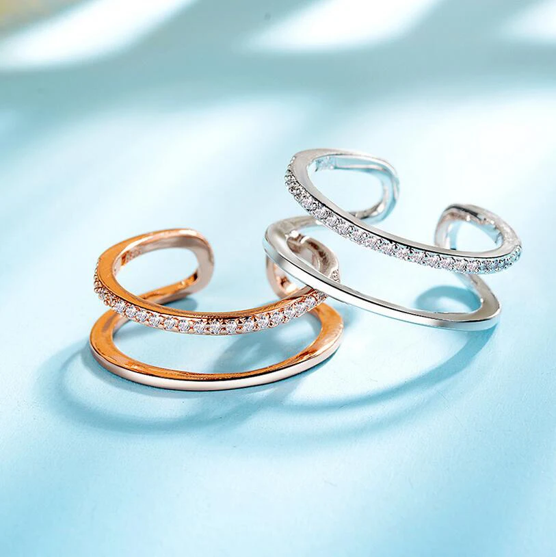 

Rose Gold Silver Adjustable Open Double Layer Ring Opening Ring Temperament Single Row Index Finger Female Jewelry Fashion