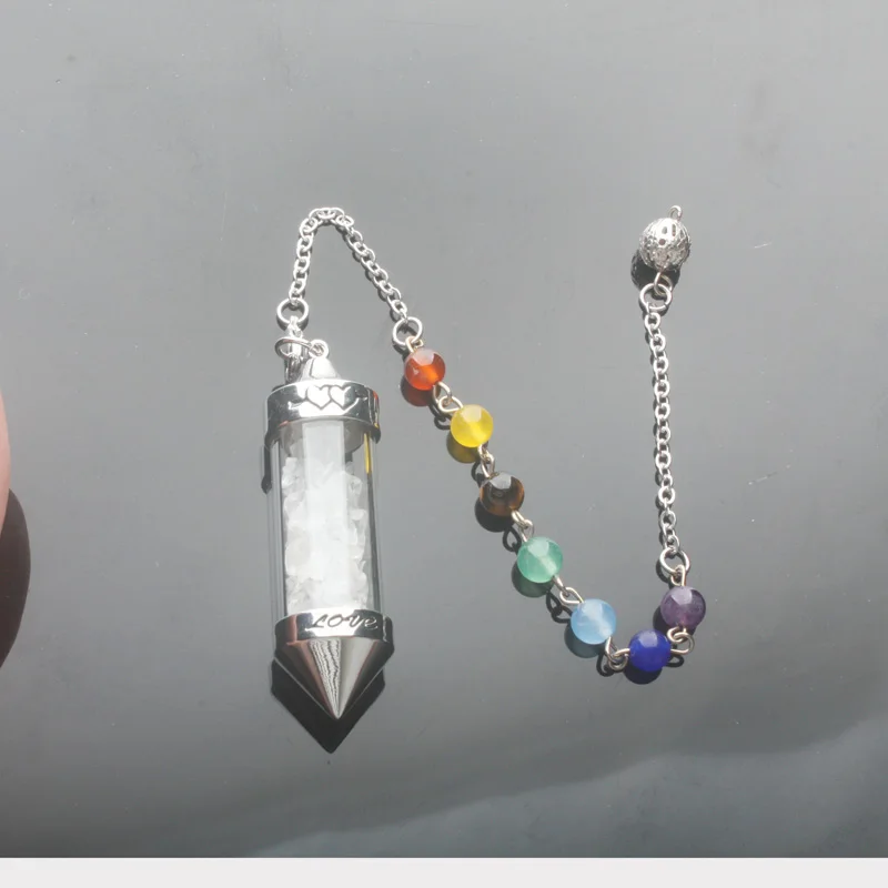 Clear Crystal 15X55 мм Турмалин аметисты цитрины розовый кварц камень цепочка с кулоном в виде конуса дюбинг целебная чакра Шестигранный Маятник с цепью 1 шт - Окраска металла: Clear Crystal