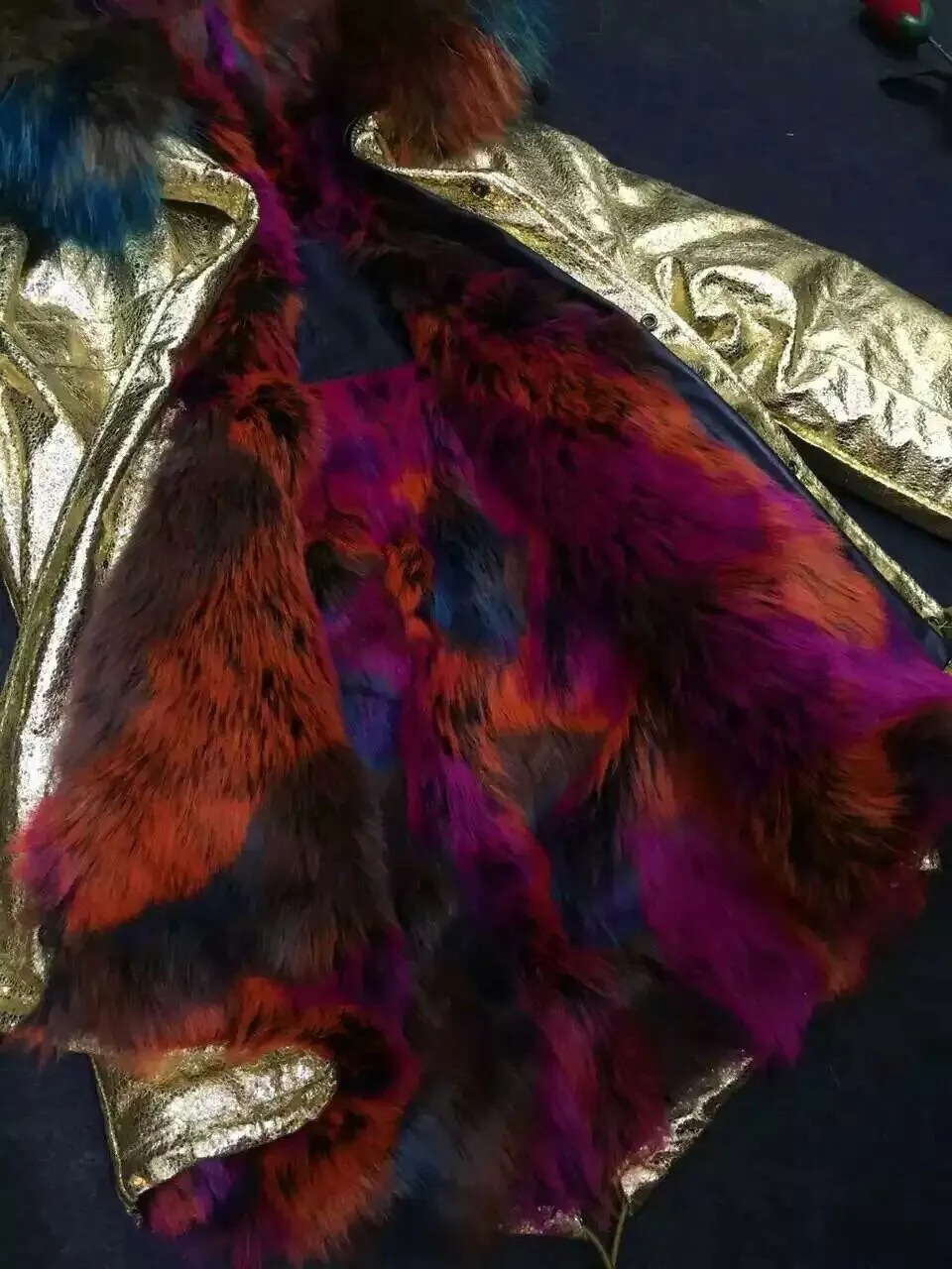 New arrival design Gold foil Leather multicolor Fur parka women winter Coat Plus size XS-4XL