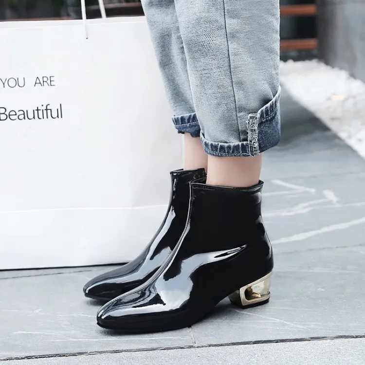Ботильоны женские из лакированной кожи на низком каблуке ботинки молнии сбоку