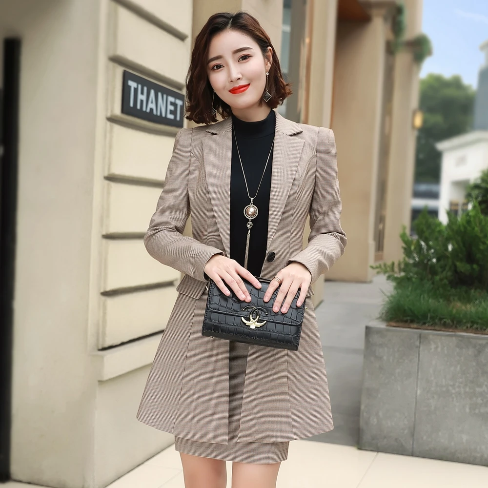 Fmasuth Ladies Office Outfits Autumn Spring Full Sleeve Plaid Jacket Skirt Suit for Women Costume XR18QYC9313 | Женская одежда
