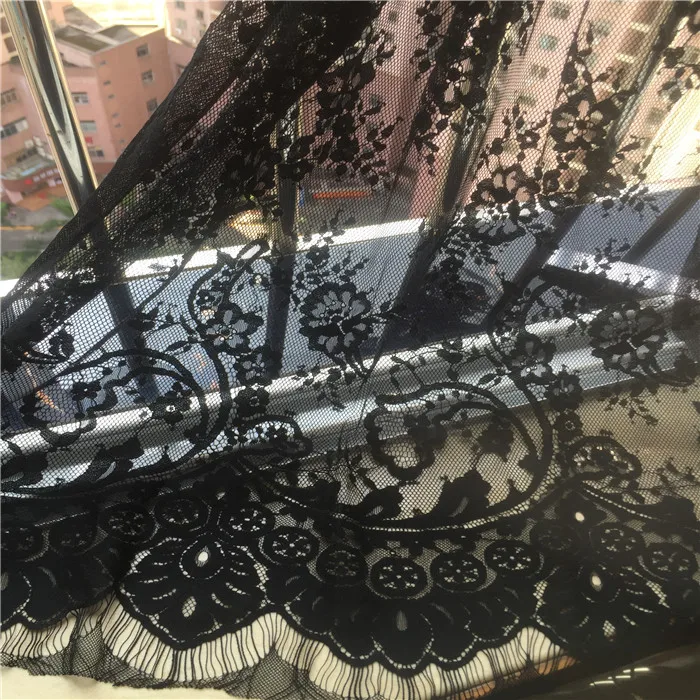 

1 piece/lot 150cm width natural black thin section cotton texture eyelash lace fabric transparent hollow sexy dress fabric