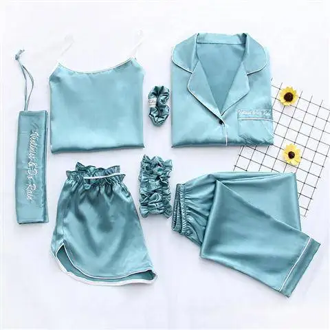 7 Pieces Women Sexy Pajamas Set Robe Pyjamas Short Lingerie Nightwear Autumn Summer Underwear Satin Sleepwear Pajama Long Pant