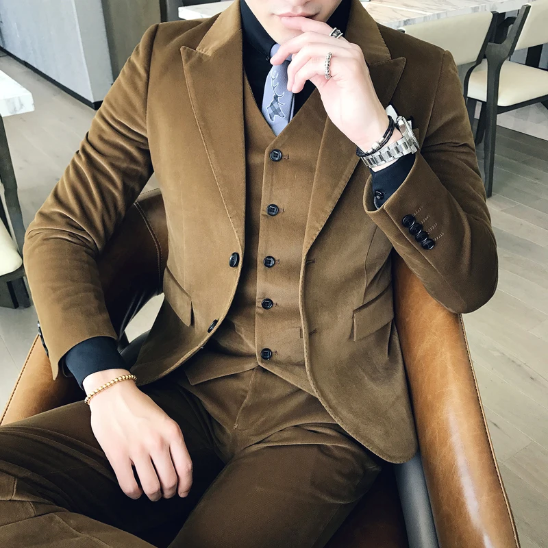 Коричневый зеленый вельвет костюм Slim Fit Vestito Uomo курение Британский TERNO masculino Trajes