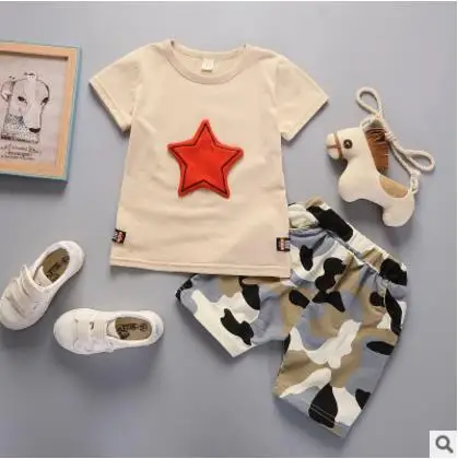 children clothes sets 2018 new baby girls &amp boy summer cartoon cotton short sleeve t-shirt+camouflage pants 2 pcs suit | Детская