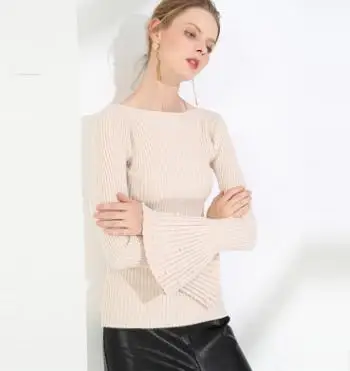 2018 New Winter Autumn Women Pullover Knitted Sweaters Flare Sleeve Slash NecK Pullovers Knitwear Bottom Slim Beading sweater | Женская