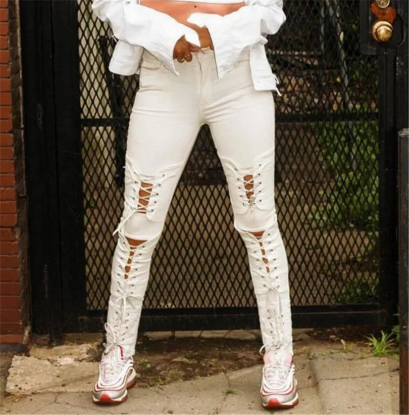 

2019 Summer Women Lace Up Denim Pencil Pants Trousers Female Leggings Holes Skinny Black High Waist Clothes Slim