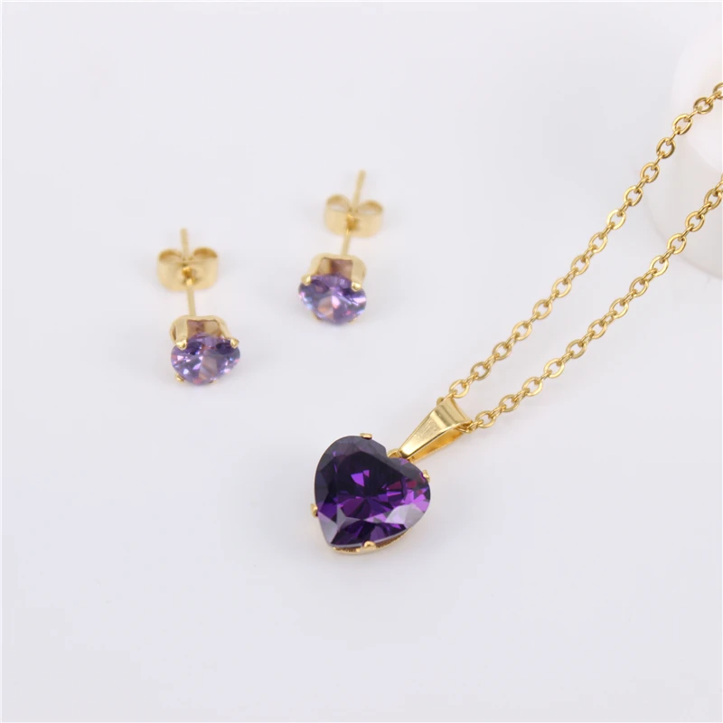 purple color Черный, красный, розовый, синий, зеленый, оранжевый, несколько цветов, в форме сердца, набор из кристаллов, серьги, ожерелье,, продукт - Окраска металла: purple color