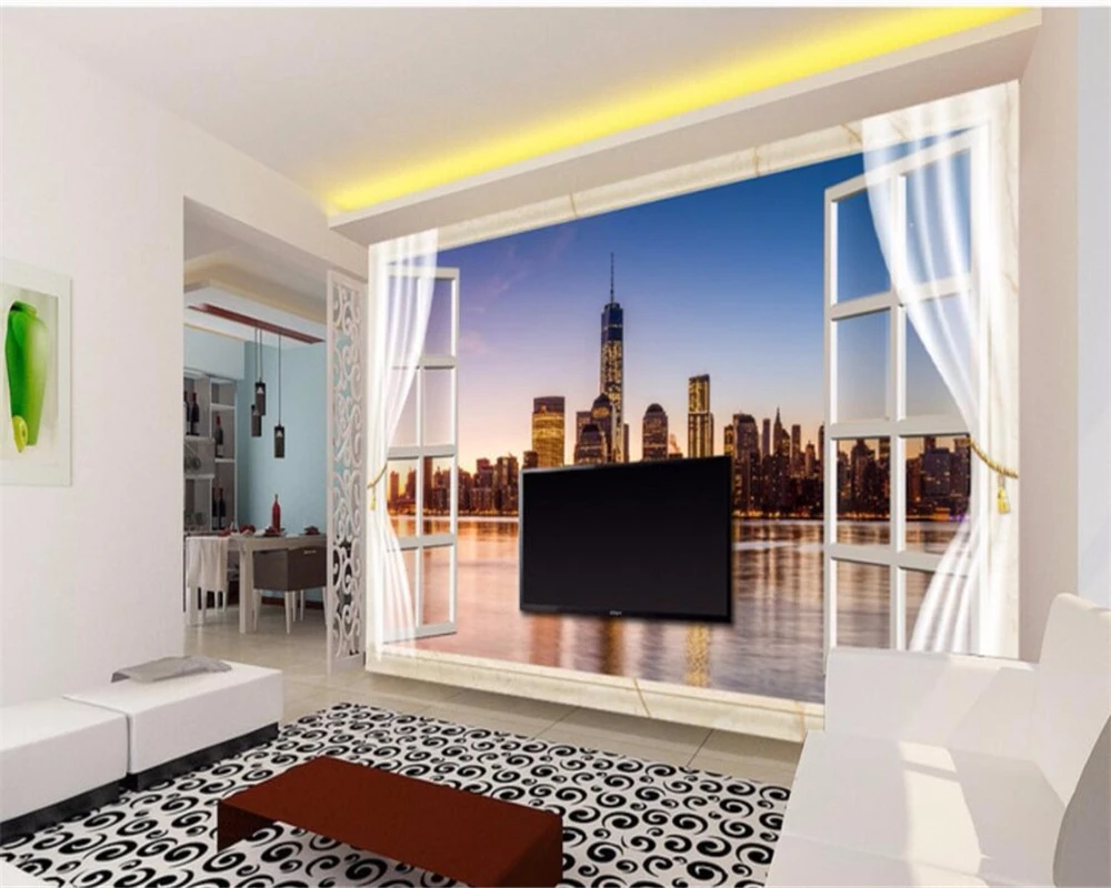 3D фотообои Beibehang на заказ фрески с окном ночным обзором Нью-Йорка гостиной