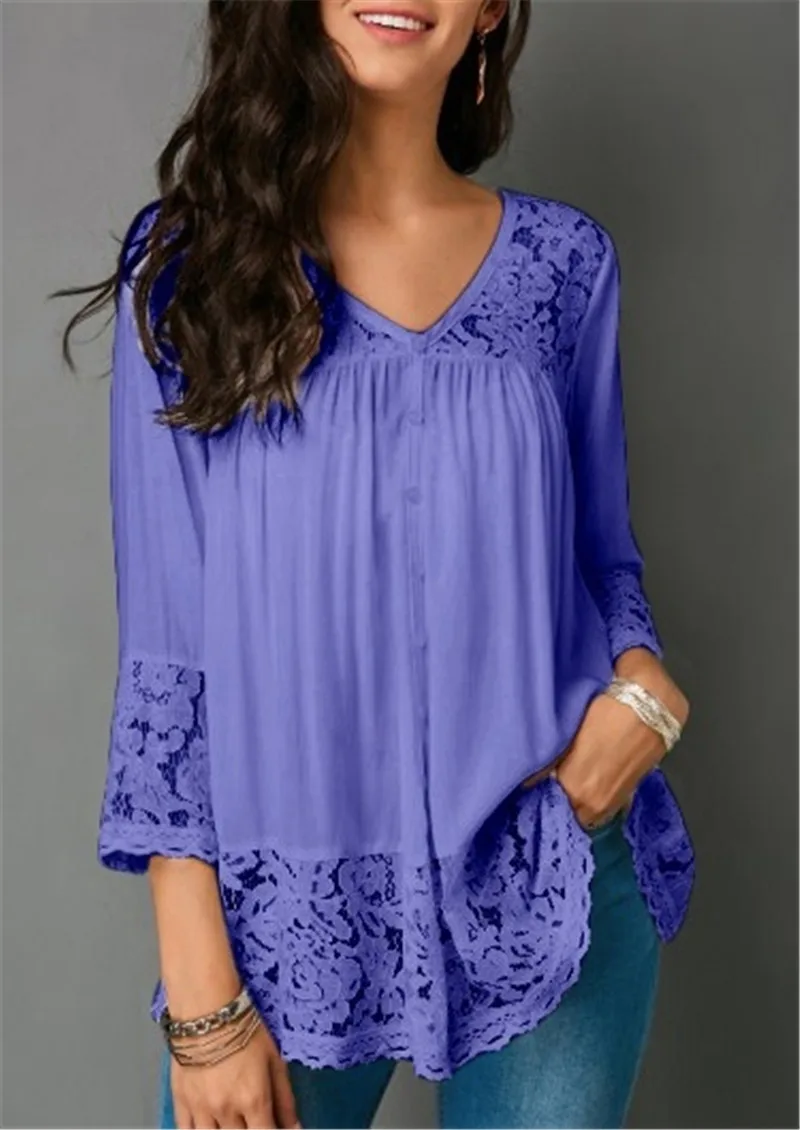 Womens Long Sleeve Splice Shirt Women Button Tunic Top Casual Loose Patchwork Lace Blouse Pullover 5XL |