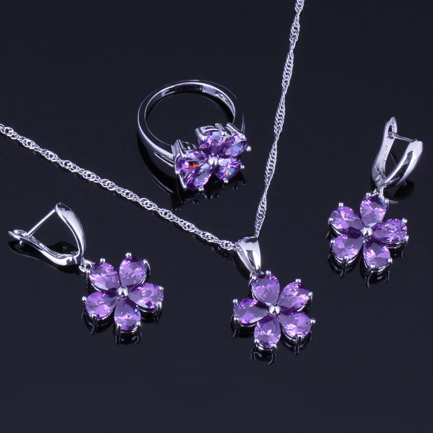 

Superior Flower Purple Cubic Zirconia Silver Plated Jewelry Sets Earrings Pendant Chain Ring V0257