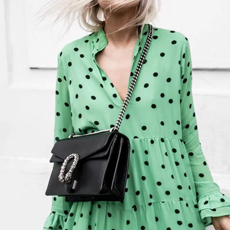 fall new deep V collar long sleeve dot print big swing loose long dress