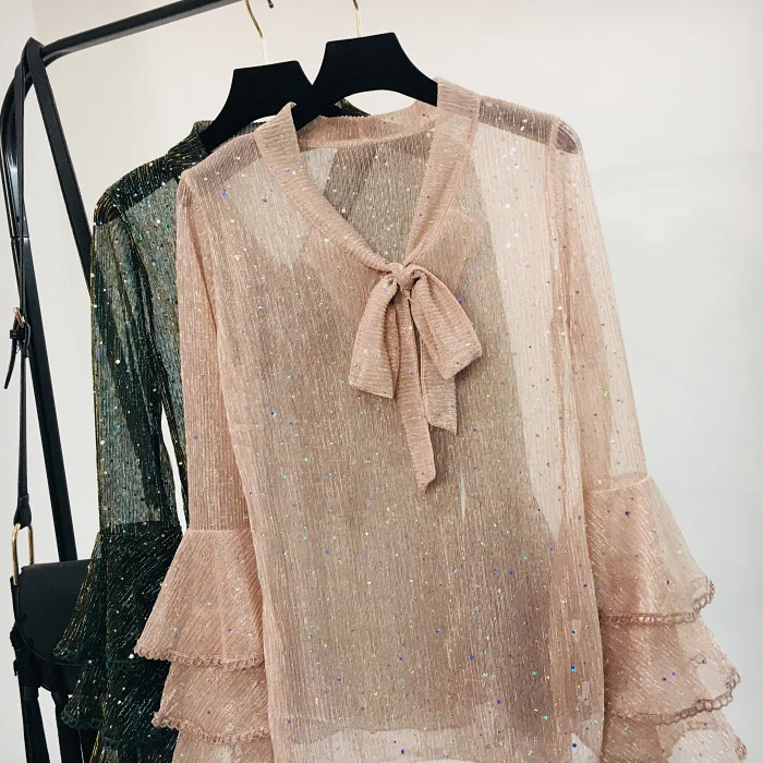 2019 Spring New Sexy Mesh Blouse Shirt with Bow Glittering Flare Sleeve Tops Ladies V-Neck Korean Fashion Clothing Shirts |