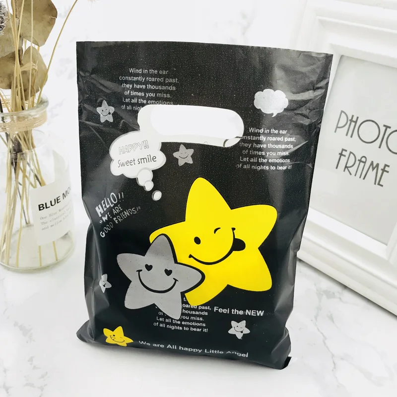 Black Yellow Five-pointed Star 15x20cm Plastic Gift Bag With Handles Jewelry Handle Bags For Shops 100pcs | Дом и сад